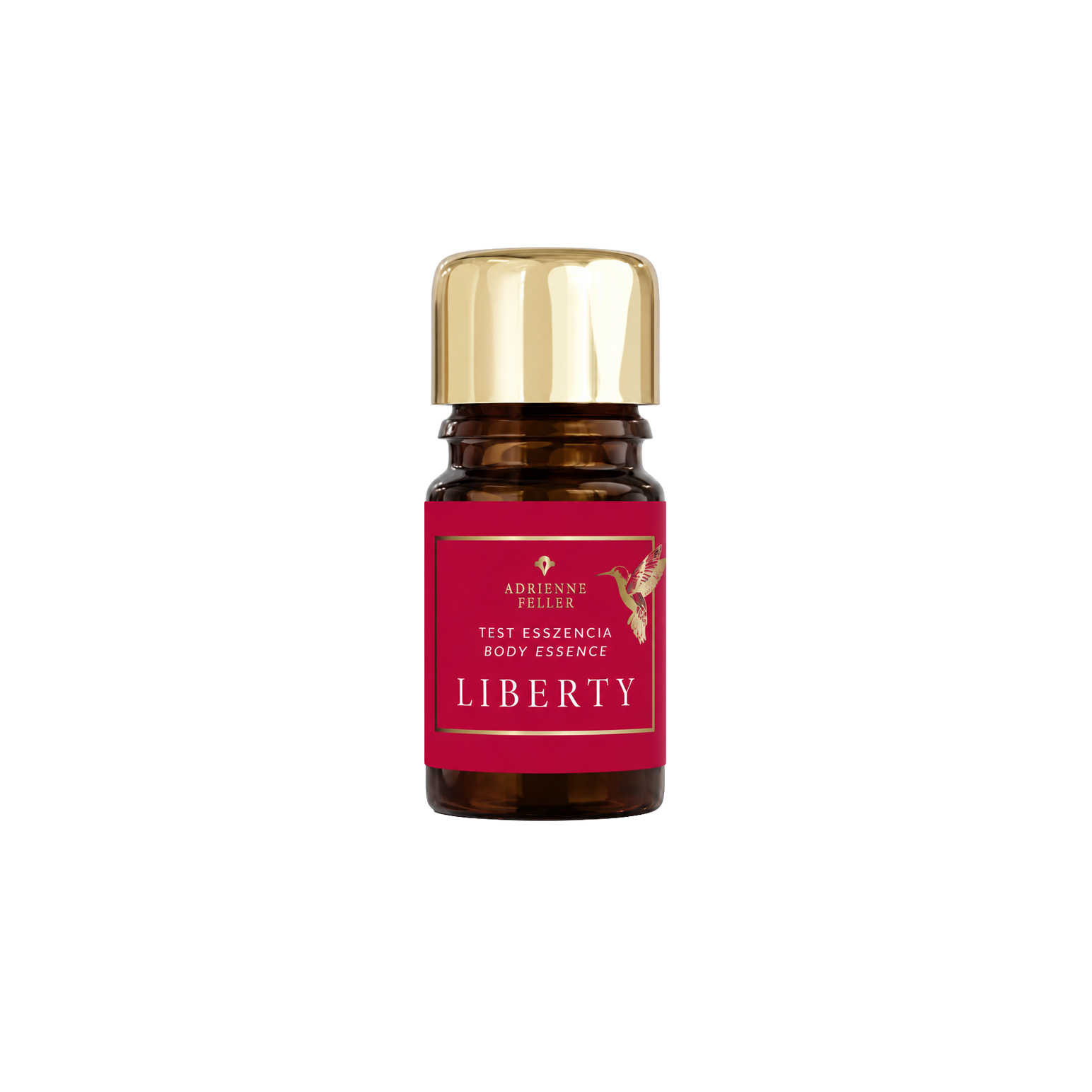 LIBERTY Body Essence üvegcse, piros címkével és arany kupakkal
