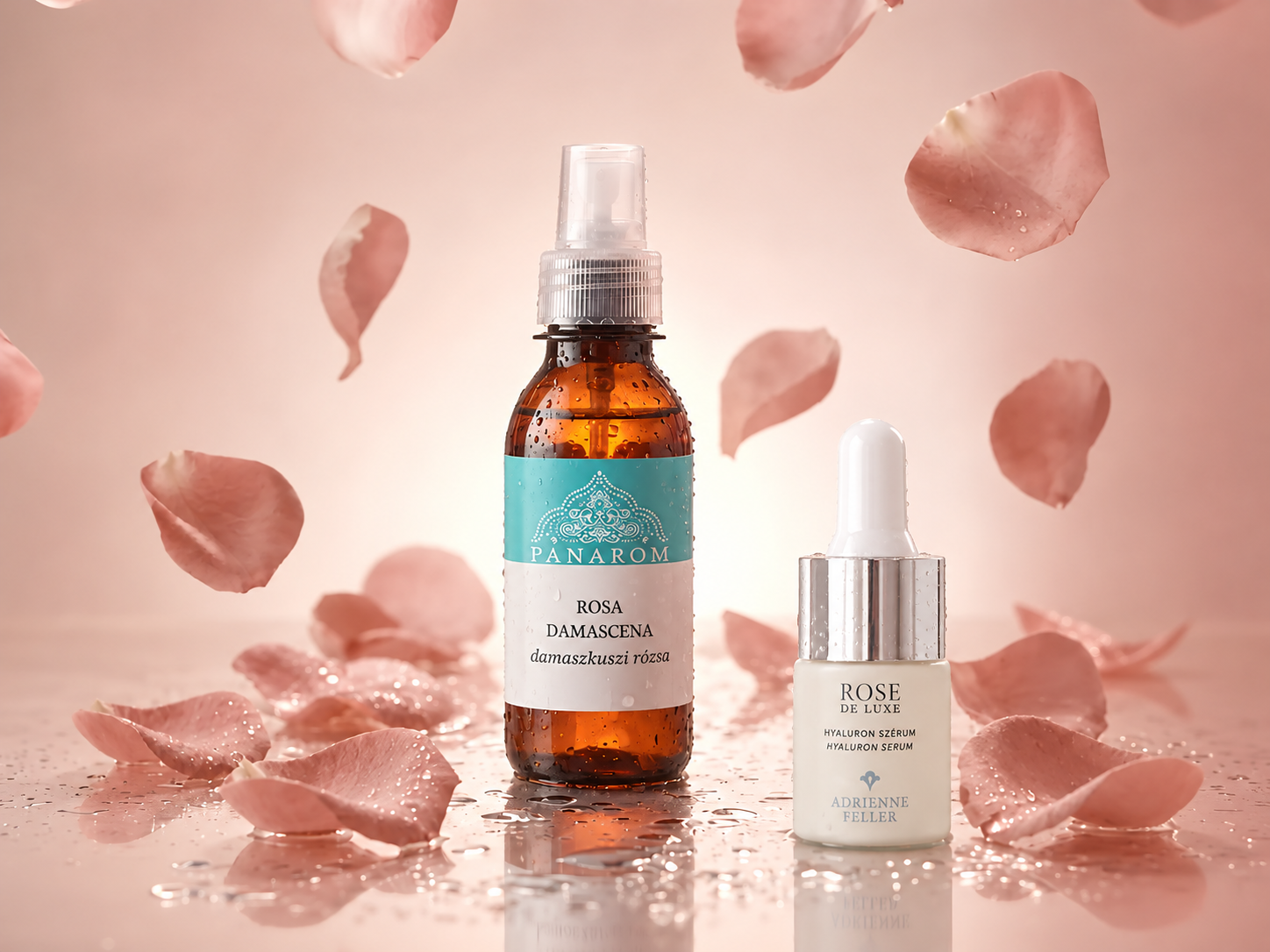 Ajándékok: Damaszkuszi rózsa aromavíz és Rose de Luxe Hyaluron szérum utazó kiszerelés