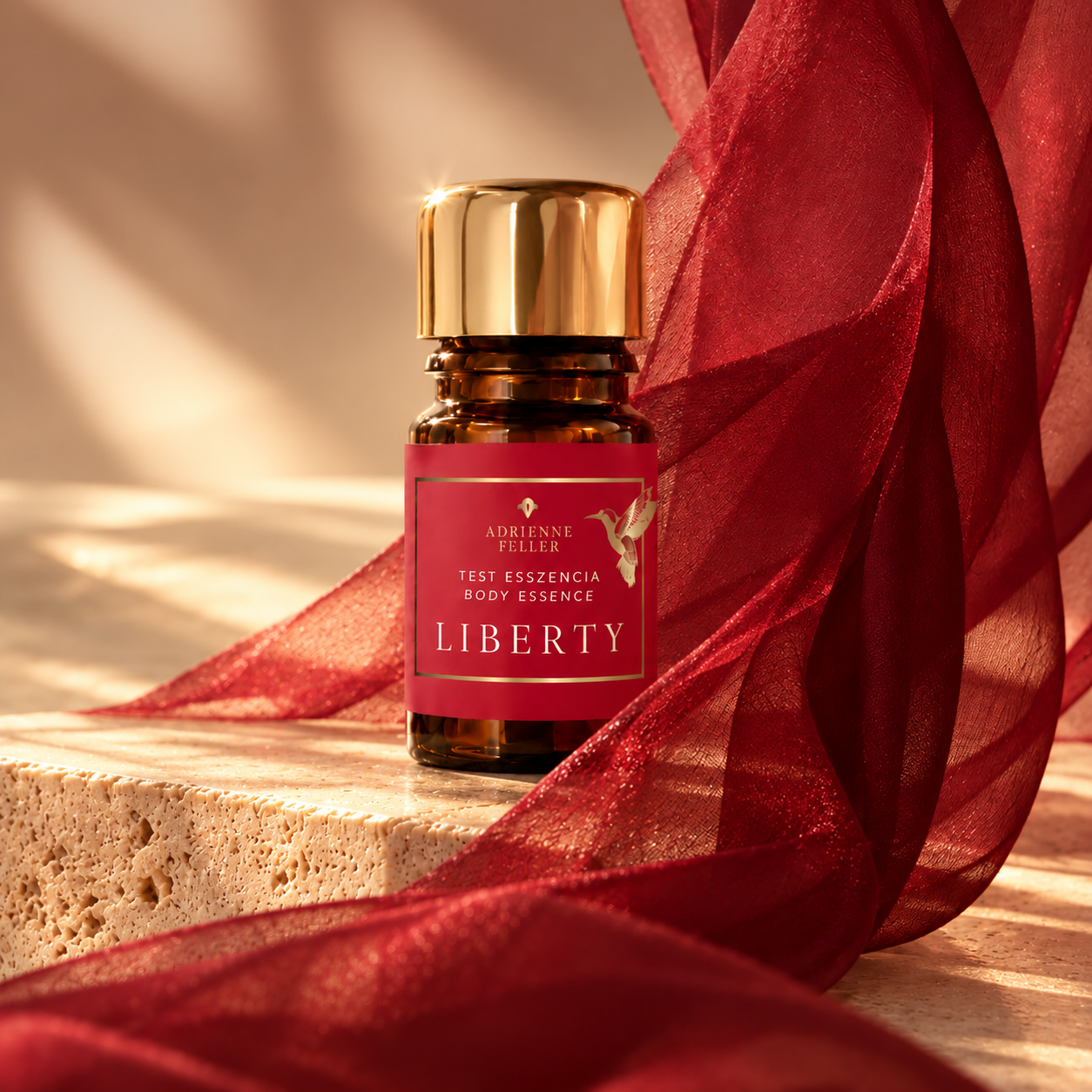 LIBERTY Body Essence testesszencia arany kupakkal, vörös selyem között