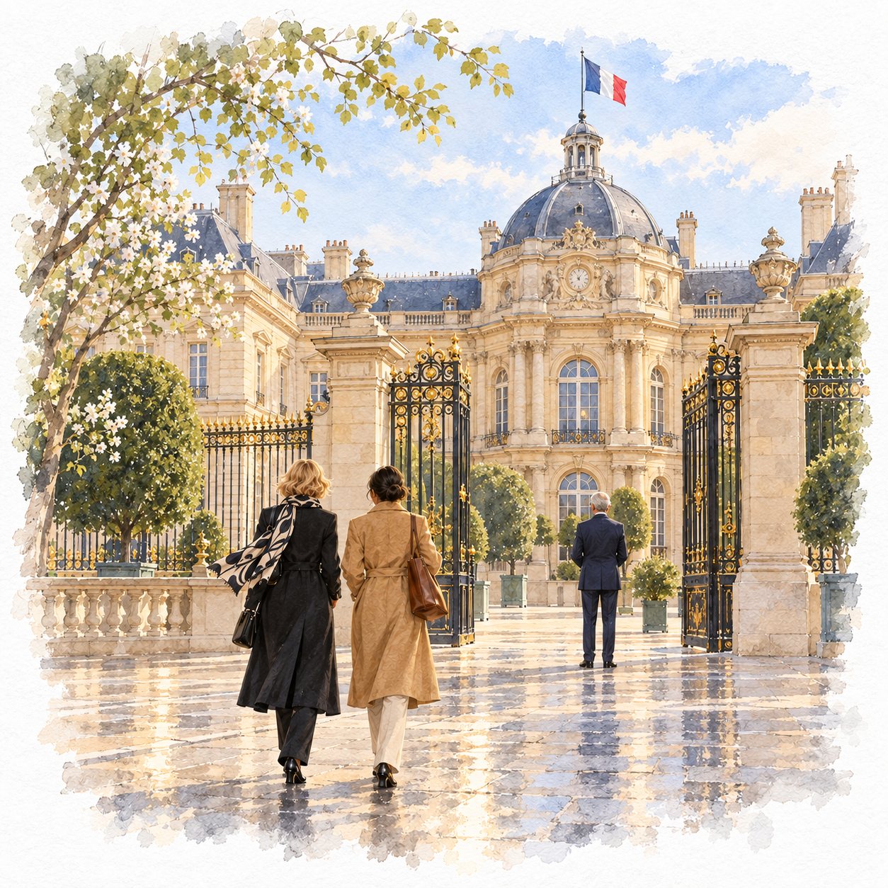 A Palais du Luxembourg kapujában már várja őket a férfi, akvarell
